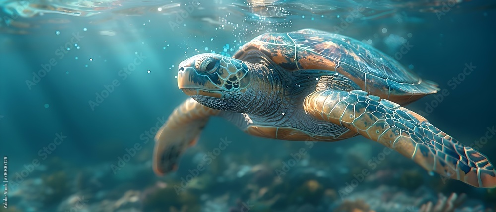 Obraz premium 3D image of a sea turtle swimming in the Red Sea. Concept Underwater, Sea turtle, 3D modeling, Red Sea