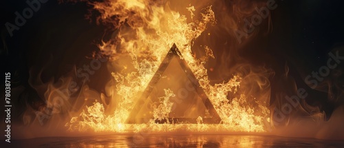 Rendered burning flames in a triangular shape,Fire triangle on a black background.Abstract hot triangle, flame frame. Gradually, a burning triangle of fire and constant burning appeared. portal,design