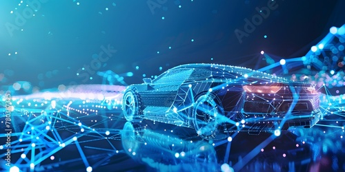 blue car made of an abstract polygon network - blue blurred glowing network in the background - connectivitiy of cars - data management - autonomous cars，Technology Shining Colorful Car