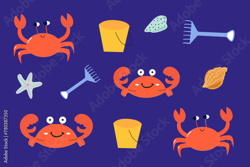 Marine life illustration, animals of the underwater world, vector cartoon red crabs, starfish vector, seashell vector, cartoon animal style, sandbox, rake and bucket