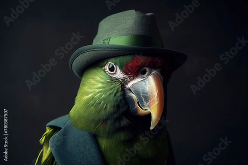 Mr green parrot gentleman in boss hat and scientist. AI generated. photo