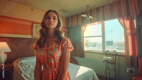 An analog style photo capturing a gorgeous woman in various poses within an old motel room, evoking the aesthetic of classic American films
