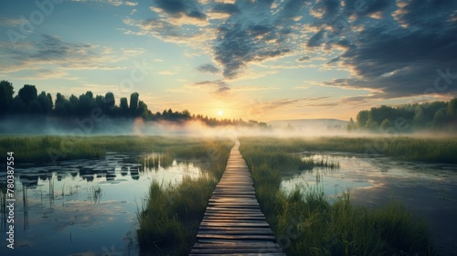 Tranquil and serene sunrise scene over a wooden path in the captivating summer swamp landscape