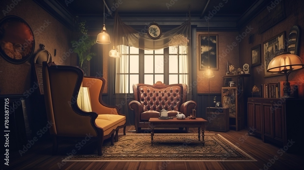 Obraz premium Design of a cozy living room interior in a modern vintage style. AI generated.
