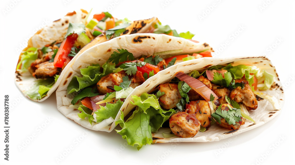 Three close-up tacos with colorful fillings in soft flour tortillas, ideal for mockup purposes Three close-up tacos with colorful fillings in soft flour tortillas, ideal for mockup purposes