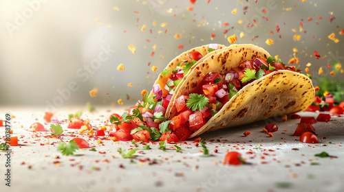 A close-up of a delicious taco overflowing with savory fillings and colorful spices erupting from it