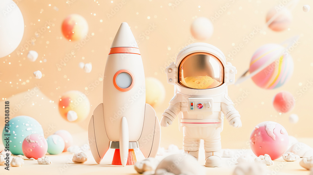 An astronaut figurine stands next to a space rocket surrounded by colorful planets against a whimsical cream backdrop with floating stars. An astronaut figurine stands next to a space rocket surrounded by colorful planets against a whimsical cream backdrop with floating stars.