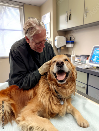 Cheerful moment: vet's tender touch on dog
