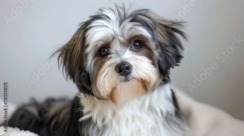 Cute Havanese dog portrait with expressive eyes and fluffy fur sitting indoors