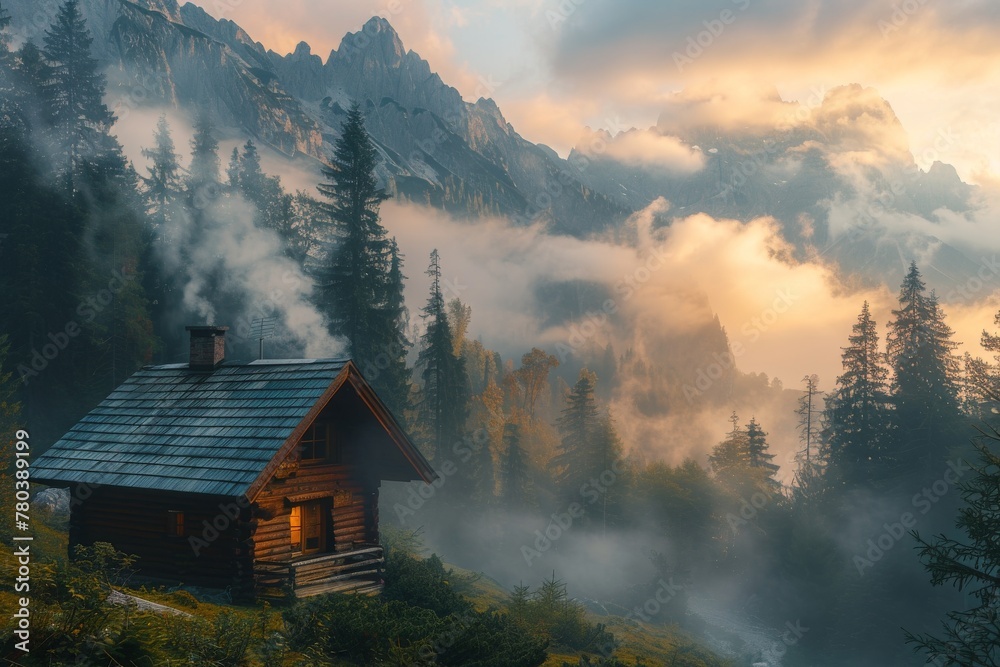 Little cabin on misty mountains which peek through clouds as sunlight bathes a green meadow below
