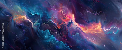 Cosmic currents carry neon ribbons on a celestial journey, their vibrant hues swirling and mingling in a mesmerizing display of liquid luminescence.