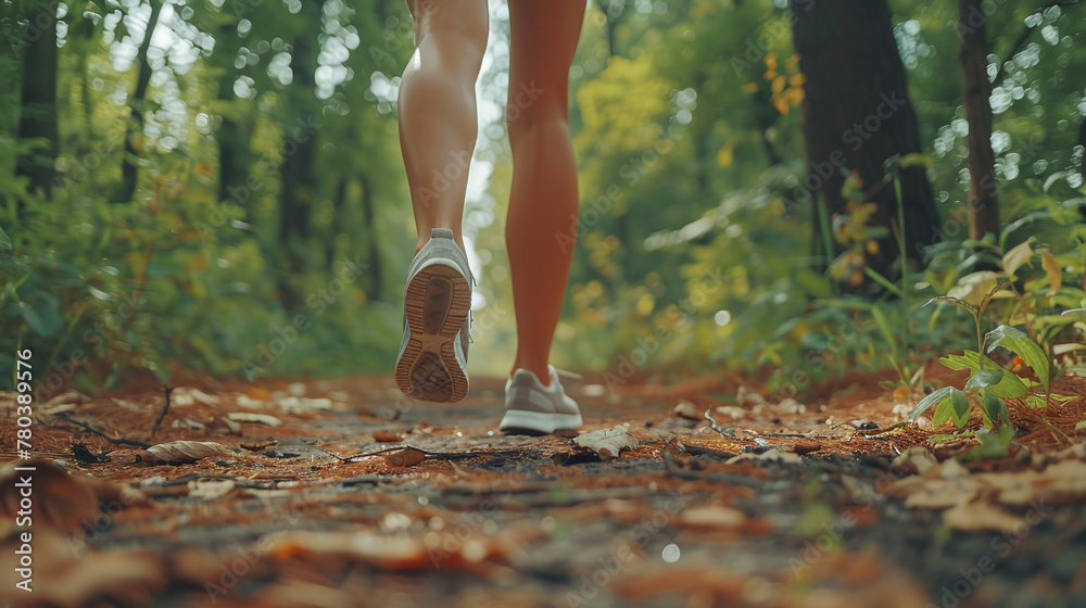 Rear view of the legs of an athlete jogging in the forest Rear view of the legs of an athlete jogging in the forest