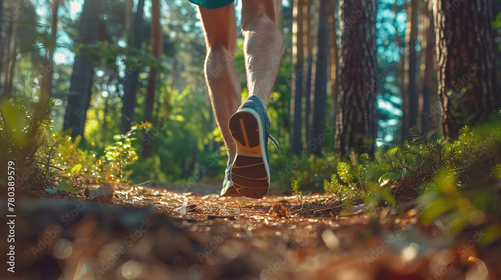 Rear view of the legs of an athlete jogging in the forest Rear view of the legs of an athlete jogging in the forest