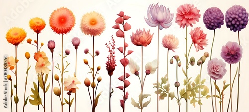 Vibrant collection of different exotic flowers with long stems isolated on a white background