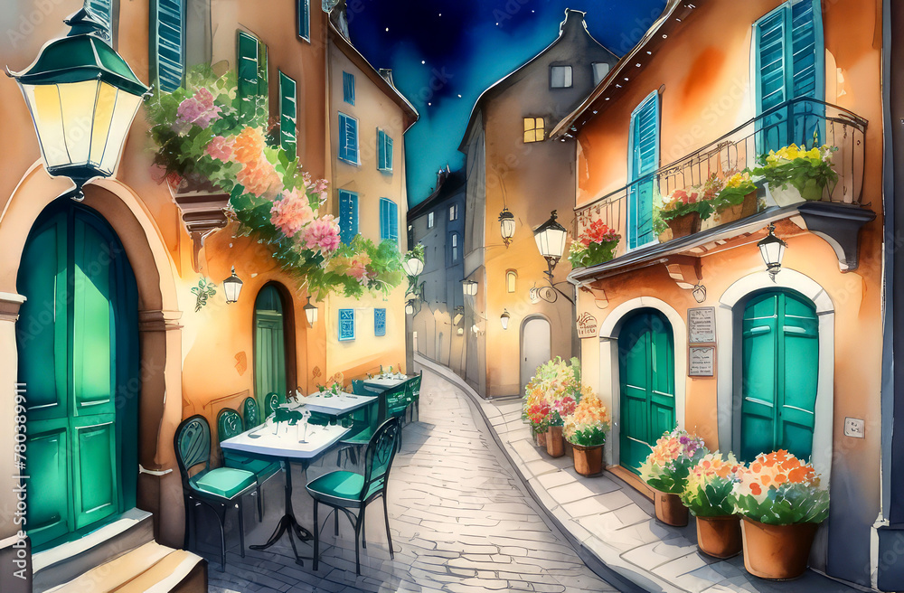 Obraz premium watercolor postcard with an old medieval European night street with an outdoor cafe