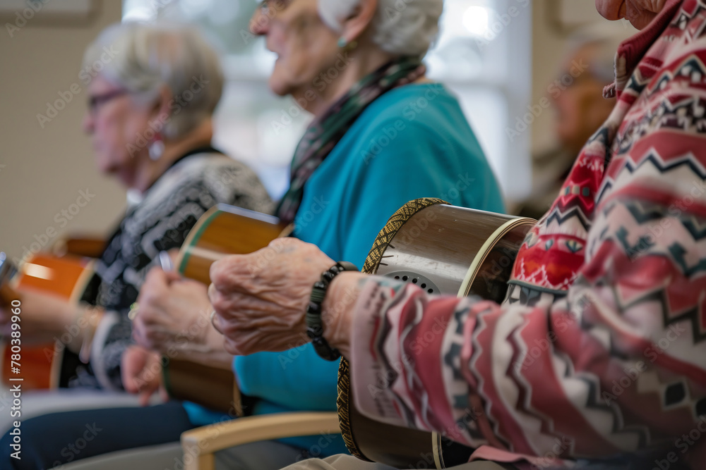 Music therapy sessions in seniors community center, where seniors play on musical instruments