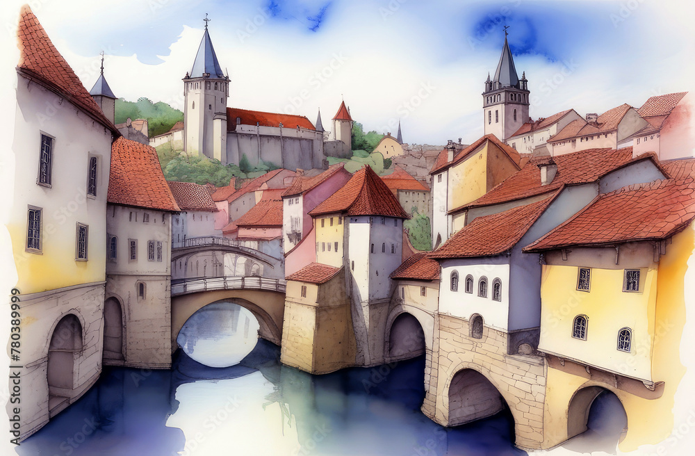 watercolor postcard with an old medieval street, canal and bridge