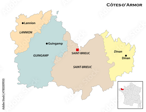 Administrative map of the Breton department of Cotes d Armor, France