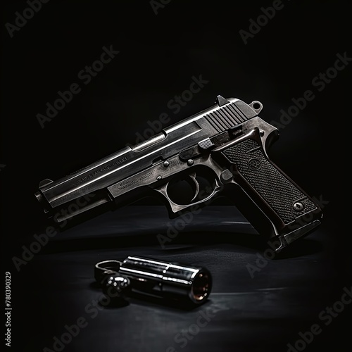 close up cinematic photography of a hand gun Isolated on a dark background
