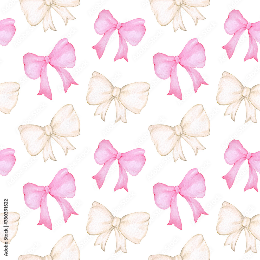 Watercolor seamless pattern with white and pink bows. Cute and backgammon print for the design and decoration of textiles, wrapping paper, background, stationery. Holiday decor. Watercolor seamless pattern with white and pink bows. Cute and backgammon print for the design and decoration of textiles, wrapping paper, background, stationery. Holiday decor.
