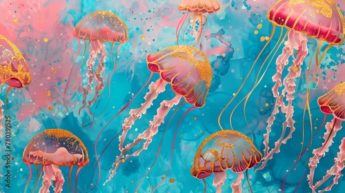 Blue and pink watercolor jellyfish pattern illustration poster background