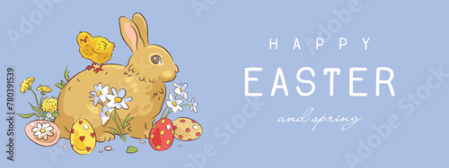Happy easter web banner, wallpaper or greeting card with hand drawn easter bunny, easter egg, chicken and flowers on blue background. Vector illustration