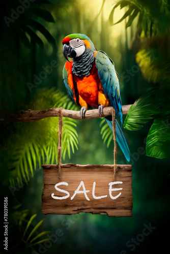 early bird discount, a parrot sits on a branch with the inscription SALE