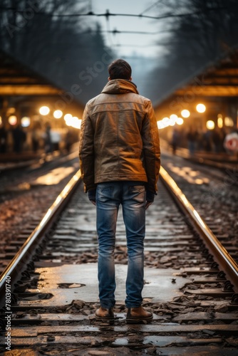 A man is standing on a train track at night, the dark sky above him illuminated by faint city lights. He appears to be waiting for something as he gazes into the distance