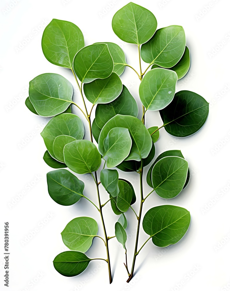 Obraz premium Fresh green eucalyptus branch isolated on white, Perfect for Poster, Cards and Pattern