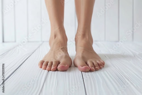 Barefoot on white wooden floor. Close up view of bare foots walking at minimalistic cozy home background. Skin care, cosmetology, health concept. Healthcare and podiatry. Heated warm floor. Legs, heel © Marina Demidiuk