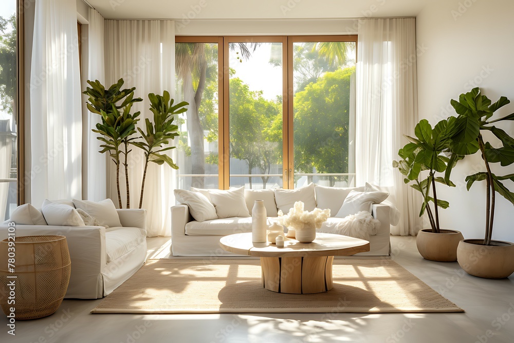 Fototapeta premium Bright and Airy Living Room: White Couch, Coffee Table, and Fresh Potted Plant