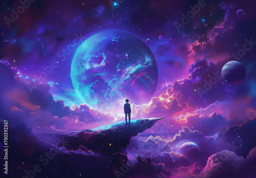 A person standing at the edge of an endless galaxy  surrounded by planets and stars