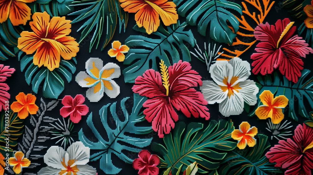 Vibrant Tropical Flowers Cross-Stitch Embroidery Pattern