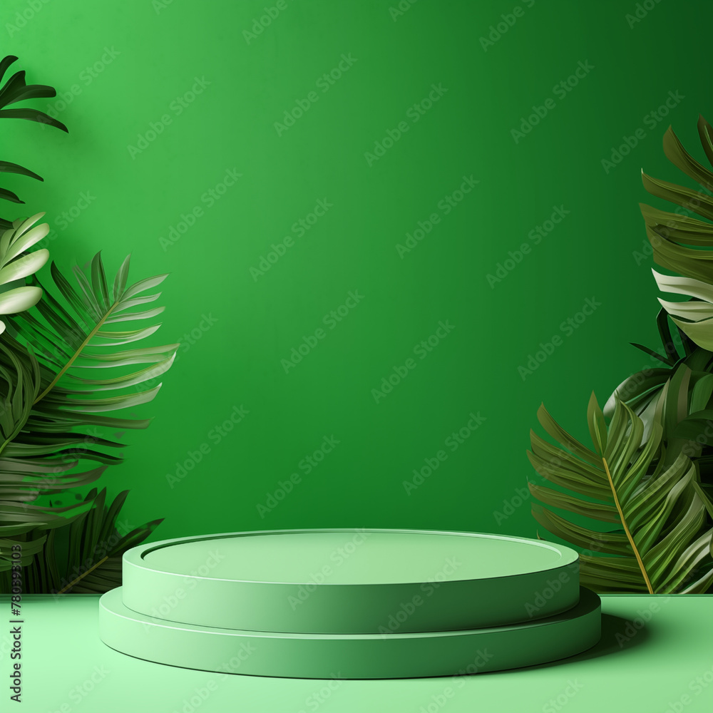Green Mockup podium for product display with tropical plants Green Mockup podium for product display with tropical plants