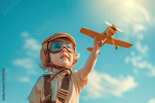 A young child wearing a pilot's hat and goggles is holding a toy airplane