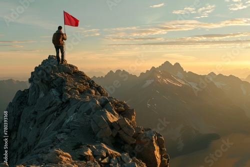 Man standing on top of mountain with flag, success leadership concept
