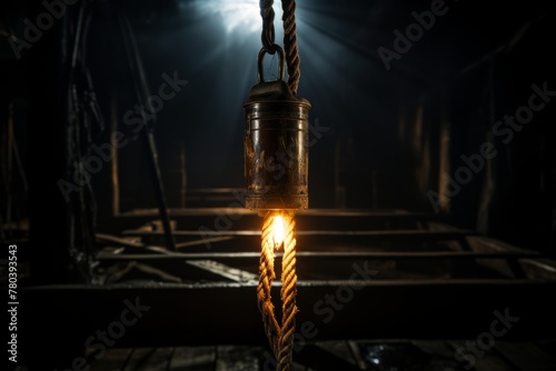 A rope tied to a high beam in a dimly lit room, awaiting its use in a tragic act of self-harm