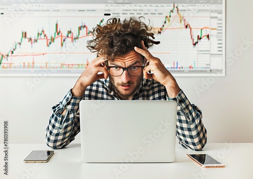 Confused trader holding his head in front of a laptop, market data charts in the background, white background. Generative ai