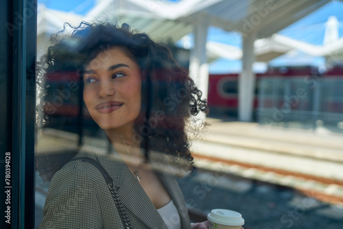 As she waits for her train, a young woman enjoys a moment of calm, her coffee and smart phone in hand, reflecting on the day ahead.