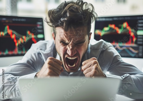 Angry trader getting mad in front of a laptop, market data charts in the background. Generative ai
