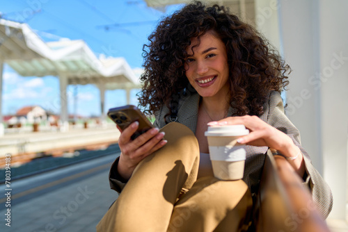 With a warm, inviting smile, a young professional takes a break from her phone, enjoying the simple pleasure of a coffee break.