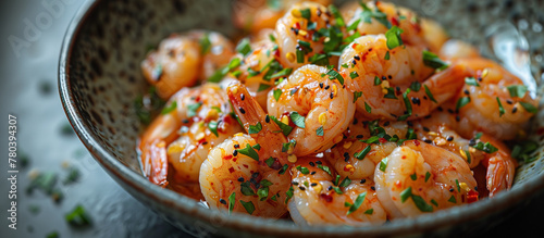 Cooked shrimp with herbs close up. Healthy food.