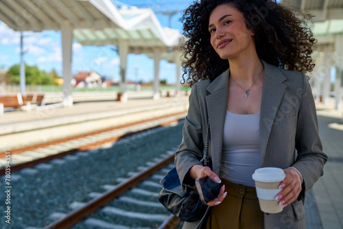 With a warm cup of coffee in hand, a young woman checks her phone while waiting for her train, enjoying a peaceful moment before the day begins.