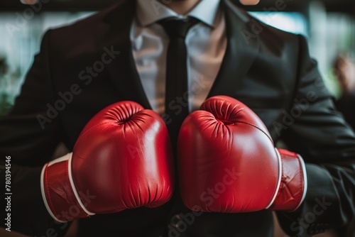 Confident businessman wearing boxing gloves ready for corporate challenge © gankevstock