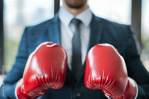 Determined businessman in suit ready for a challenge with boxing gloves © gankevstock