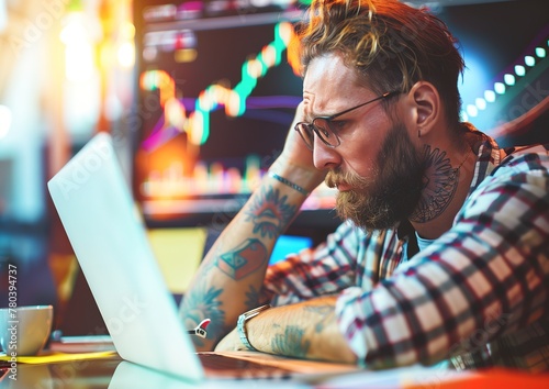 Confused trader holding his head in front of a laptop, market data charts in the background. Generative ai