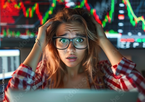 Confused woman trader holding his head in front of a laptop, market data charts, forex charts in the background, Generative ai