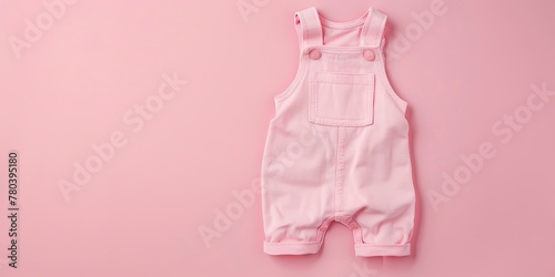 Baby girl clothes on pink pastel background. Fashion newborn clothes. Flat lay, top view. Copy space. Baby kids cotton clothing set. Infant bodysuit made of organic eco friendly cotton. Girl, daughter