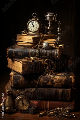 A still life composition featuring a stack of vintage books with a clock resting on top of them. The books are arranged neatly  with the clock standing out as a focal point
