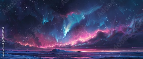 Cosmic auroras dance and shimmer, their neon hues painting the celestial canvas with an otherworldly glow that captivates the senses.